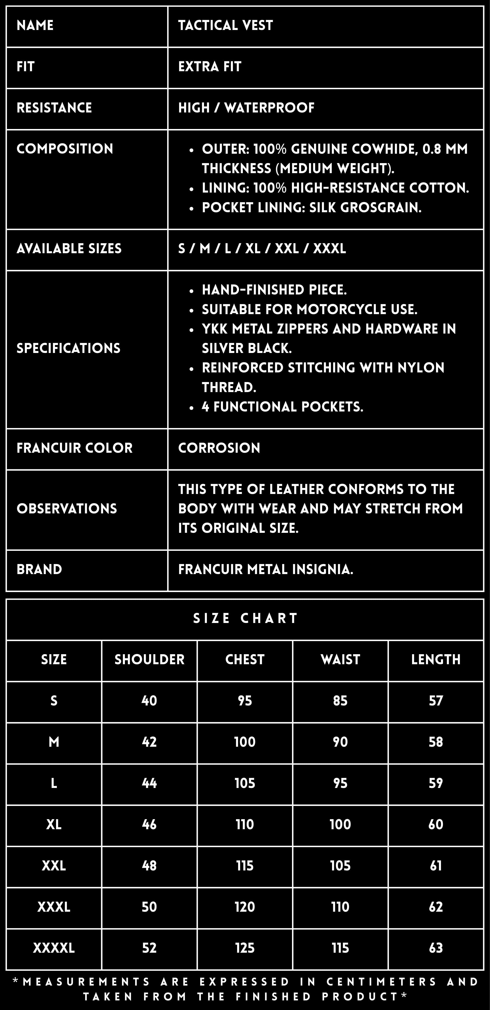 TECHNICAL SPECIFICATION SHEET — CORROSION TACTICAL LEATHER VEST — FRANCUIR